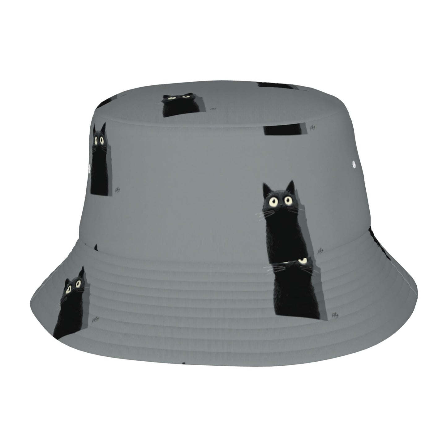Peekaboo Black Cat Bucket Hat in Gray – Unisex Foldable Sun Hat for Everyday Wear & Travel (Fits 56–58cm Head Size)