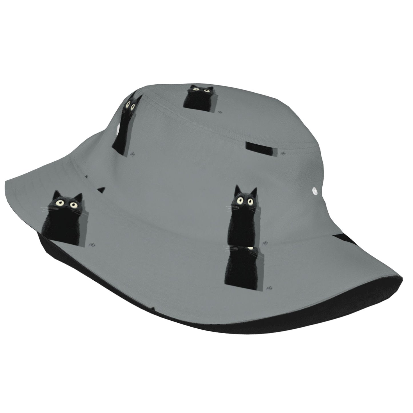 Peekaboo Black Cat Bucket Hat in Gray – Unisex Foldable Sun Hat for Everyday Wear & Travel (Fits 56–58cm Head Size)