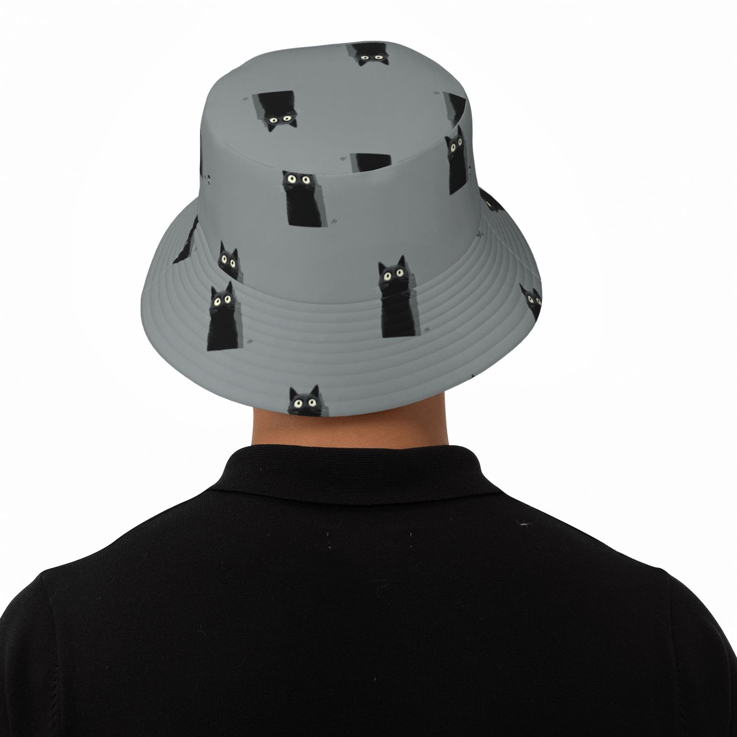 Peekaboo Black Cat Bucket Hat in Gray – Unisex Foldable Sun Hat for Everyday Wear & Travel (Fits 56–58cm Head Size)