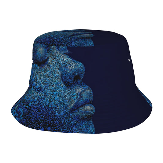 Deep Blue Embossed Portrait Bucket Hat – Unisex Foldable Street Style Sun Hat (Fits Head Size 56–58cm)