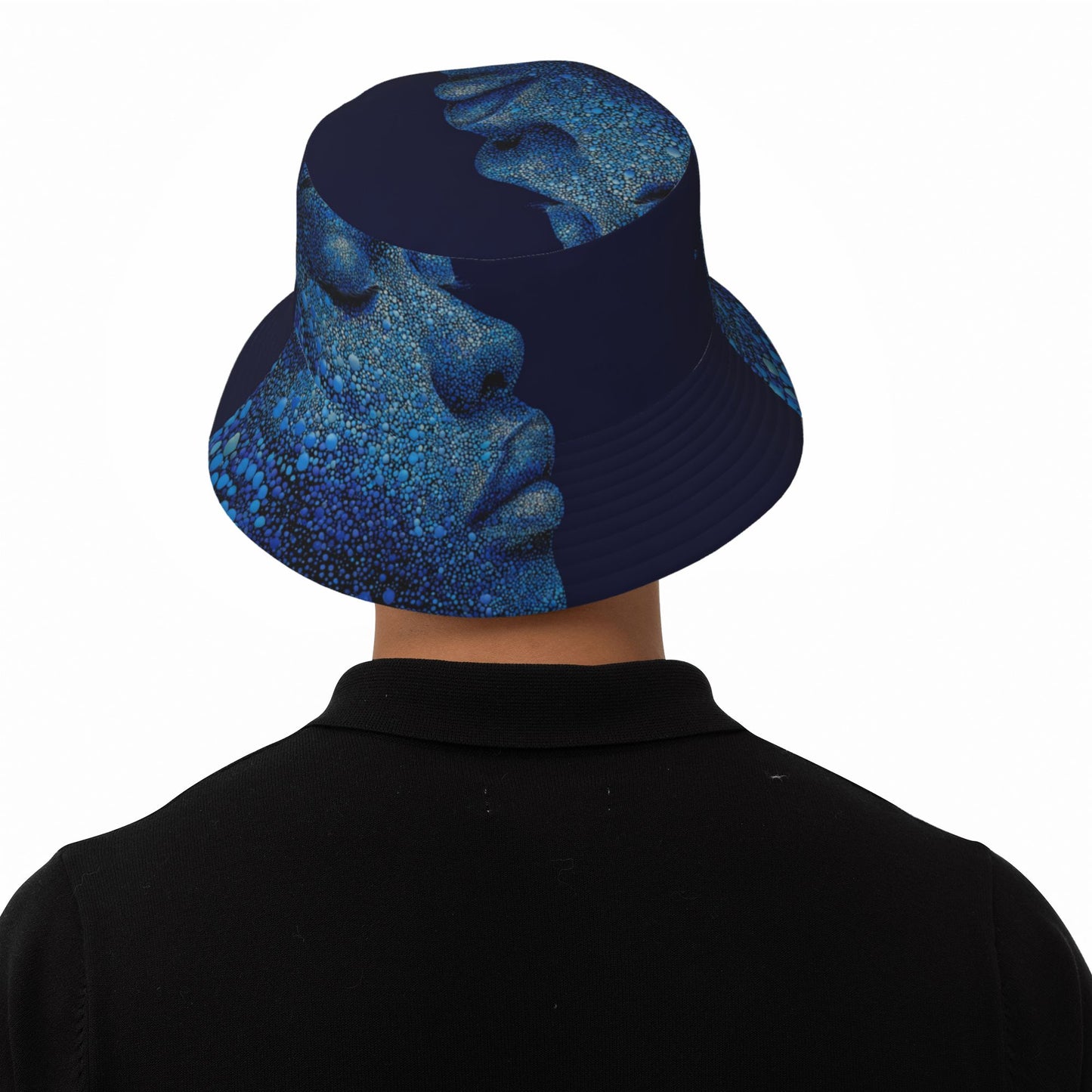 Deep Blue Embossed Portrait Bucket Hat – Unisex Foldable Street Style Sun Hat (Fits Head Size 56–58cm)