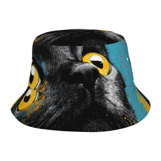 Funny Black Cat Print Bucket Hat – Unisex Foldable Sun Hat for Travel & Streetwear (Head Size 56–58cm)