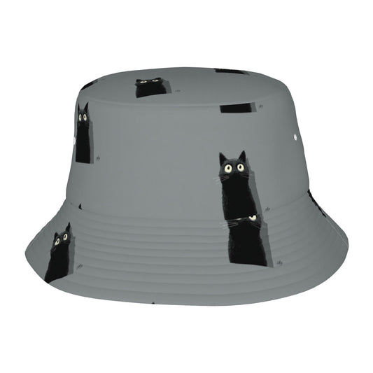 Peekaboo Black Cat Bucket Hat in Gray – Unisex Foldable Sun Hat for Everyday Wear & Travel (Fits 56–58cm Head Size)