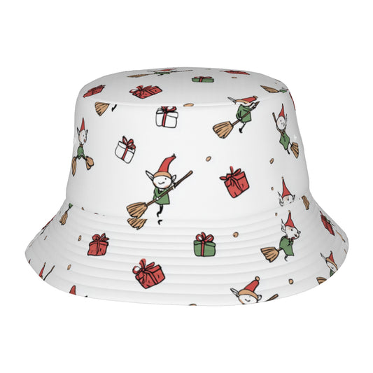 Christmas Elf & Gift Print Bucket Hat – Unisex Foldable Holiday Sun Hat for Winter Fun & Festive Outfits (Fits Head Size 56–58cm)