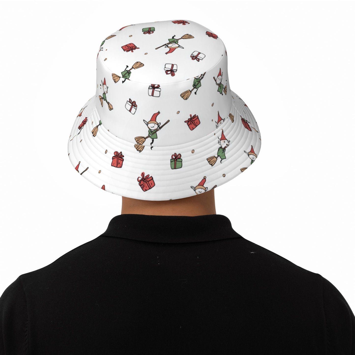 Christmas Elf & Gift Print Bucket Hat – Unisex Foldable Holiday Sun Hat for Winter Fun & Festive Outfits (Fits Head Size 56–58cm)